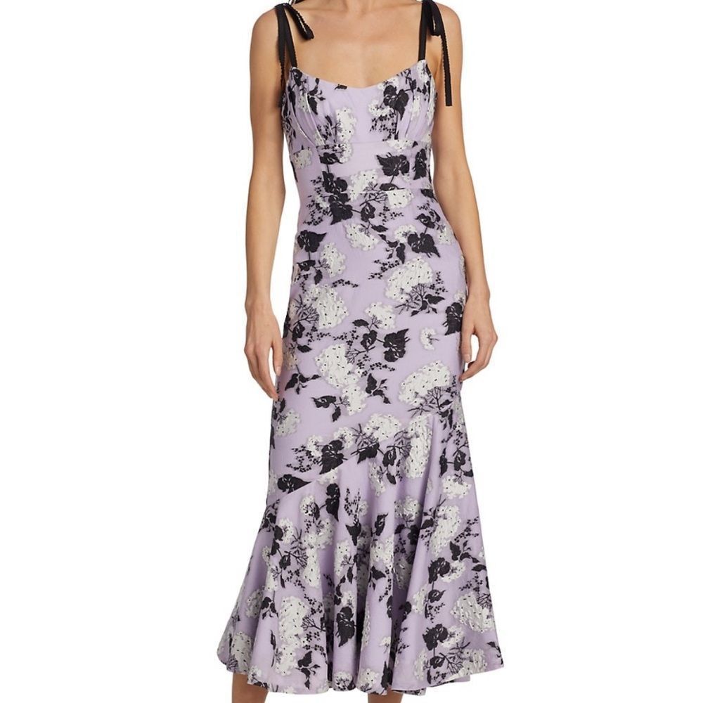 Monique Lhuillier Lavender Floral Slip Dress with Black Tie Straps